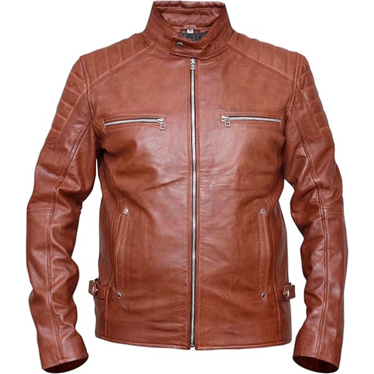 Giacca in pelle marrone da uomo Cafe Racer