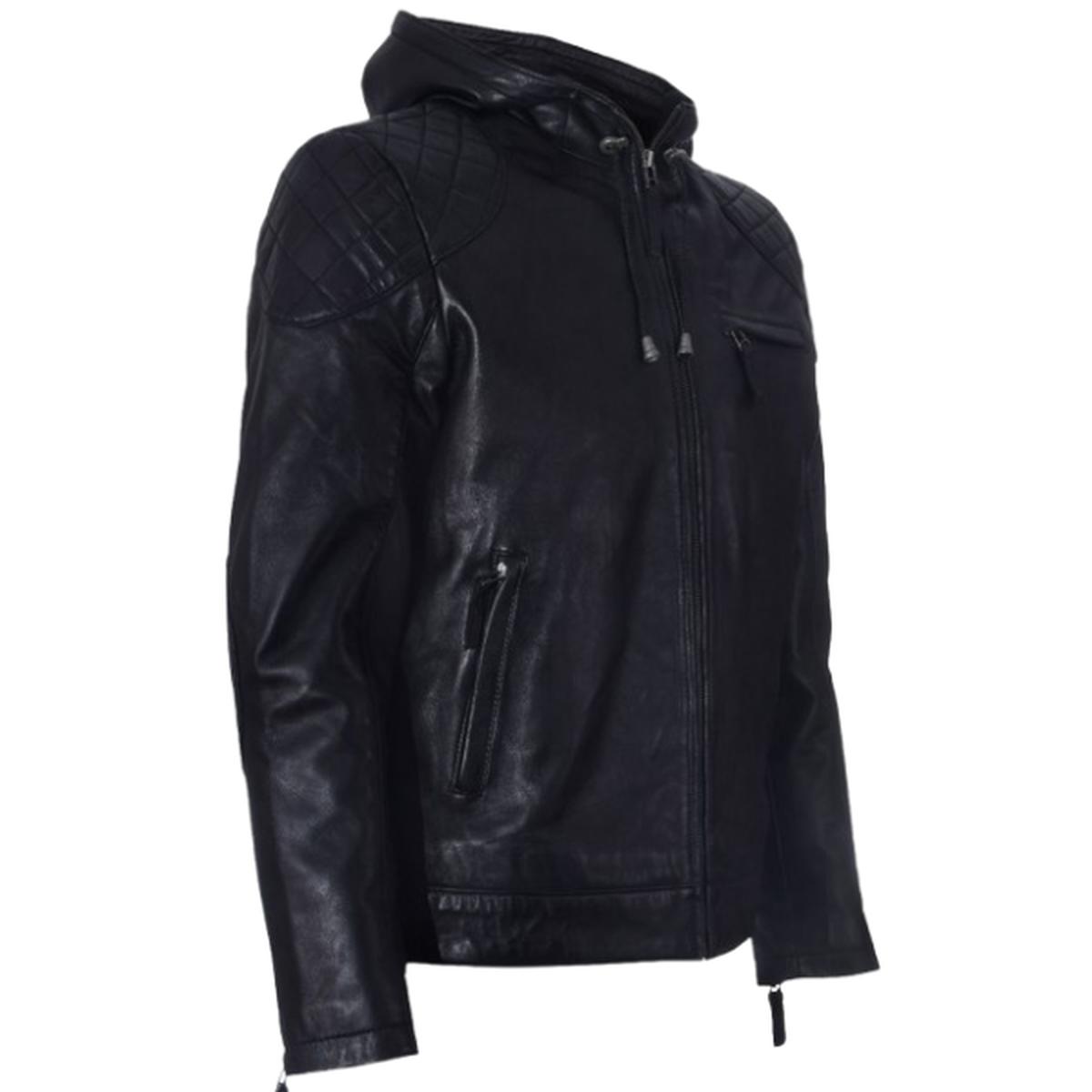 Giubbotto bomber con cappuccio in pelle nera da uomo