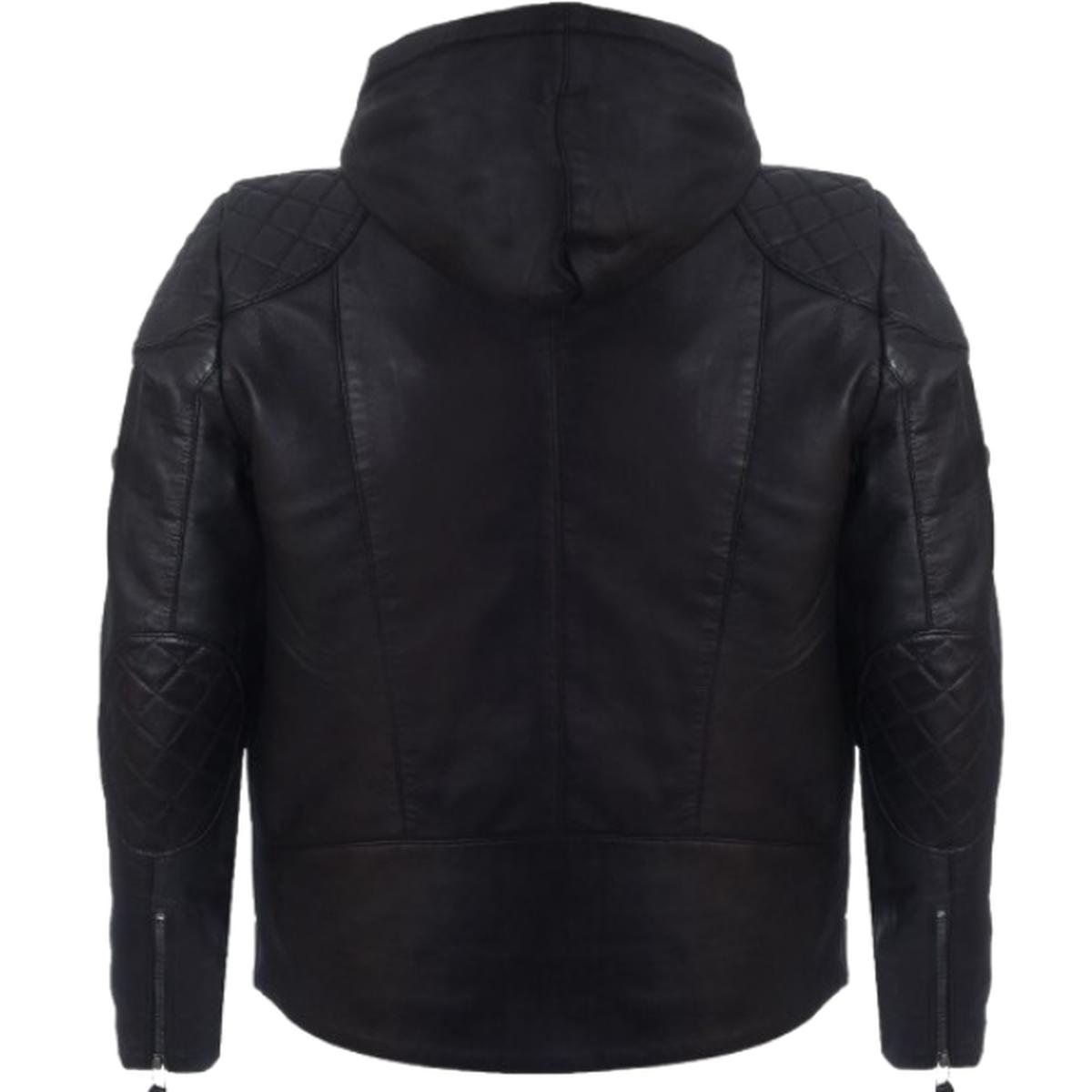 Giubbotto bomber con cappuccio in pelle nera da uomo