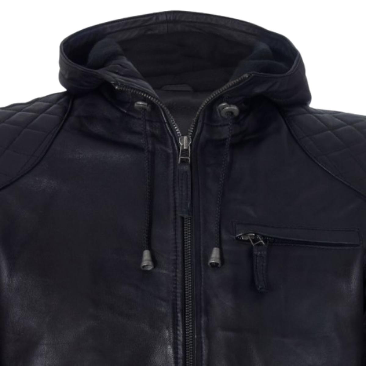 Giubbotto bomber con cappuccio in pelle nera da uomo