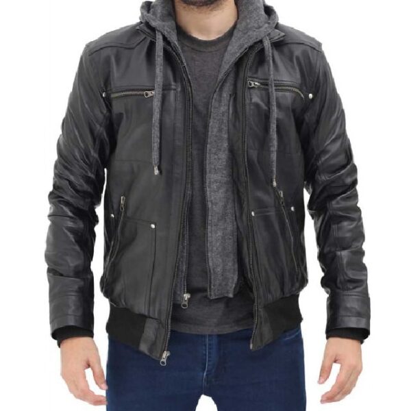Giacca in pelle nera da motociclista da uomo con cappuccio