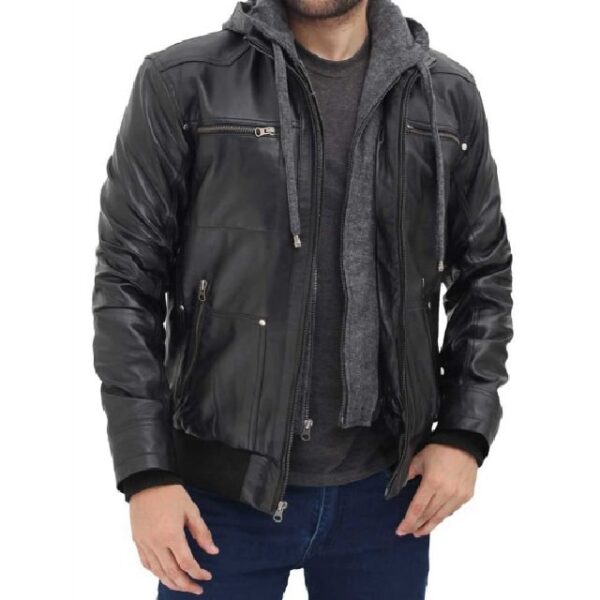 Giacca in pelle nera da motociclista da uomo con cappuccio