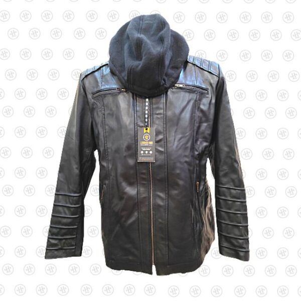 Giacca da motociclista in pelle nera con cappuccio firmata