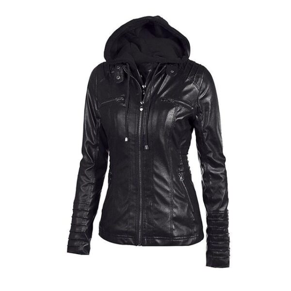 Giacca da motociclista in pelle nera con cappuccio firmata