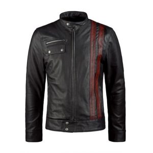 Giacca in pelle elegante a righe bordeaux, vestibilità slim nera