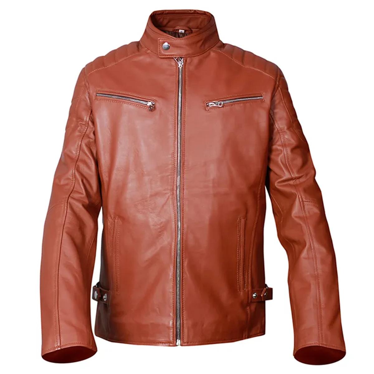 Giacca in pelle da motociclista in stile retrò marrone Cafe Racer