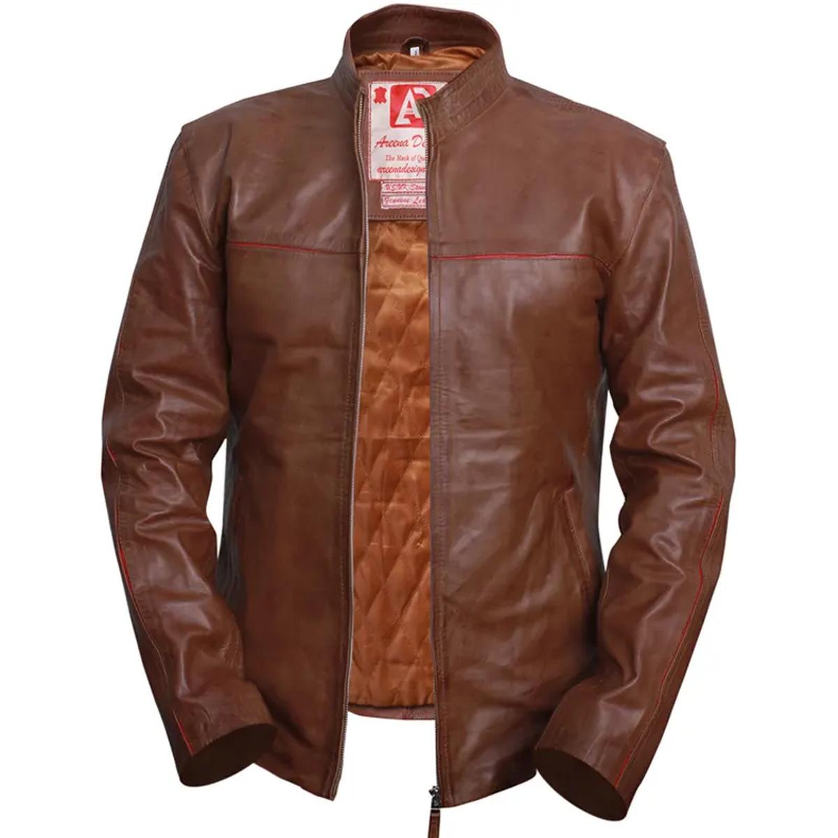 Giacca in pelle da motociclista marrone stile Cafe Racer per uomo