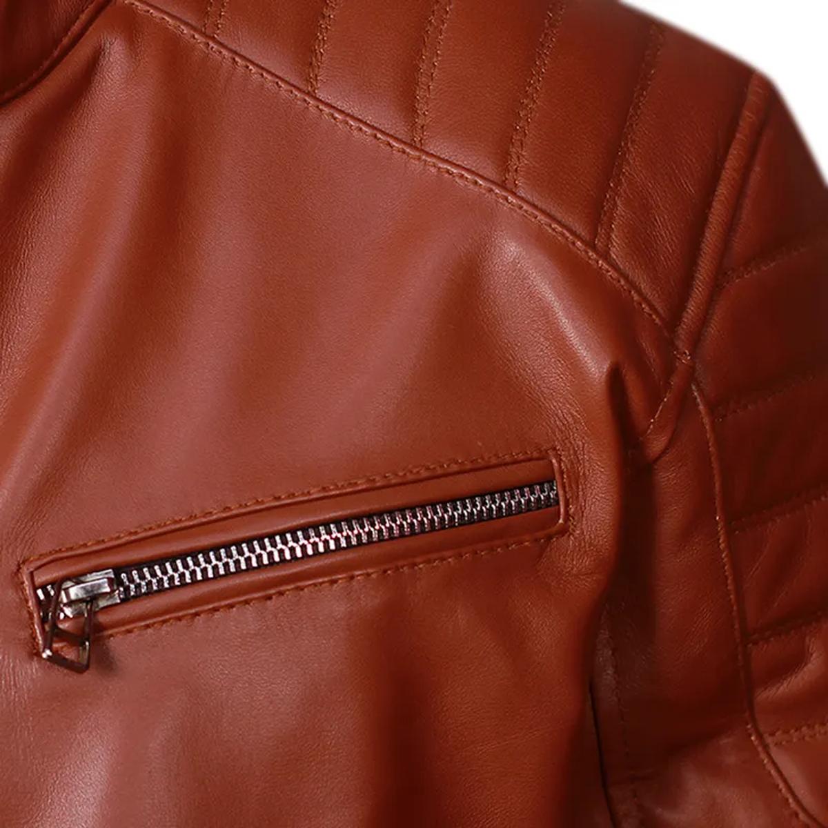 Giacca in pelle da motociclista in stile retrò marrone Cafe Racer