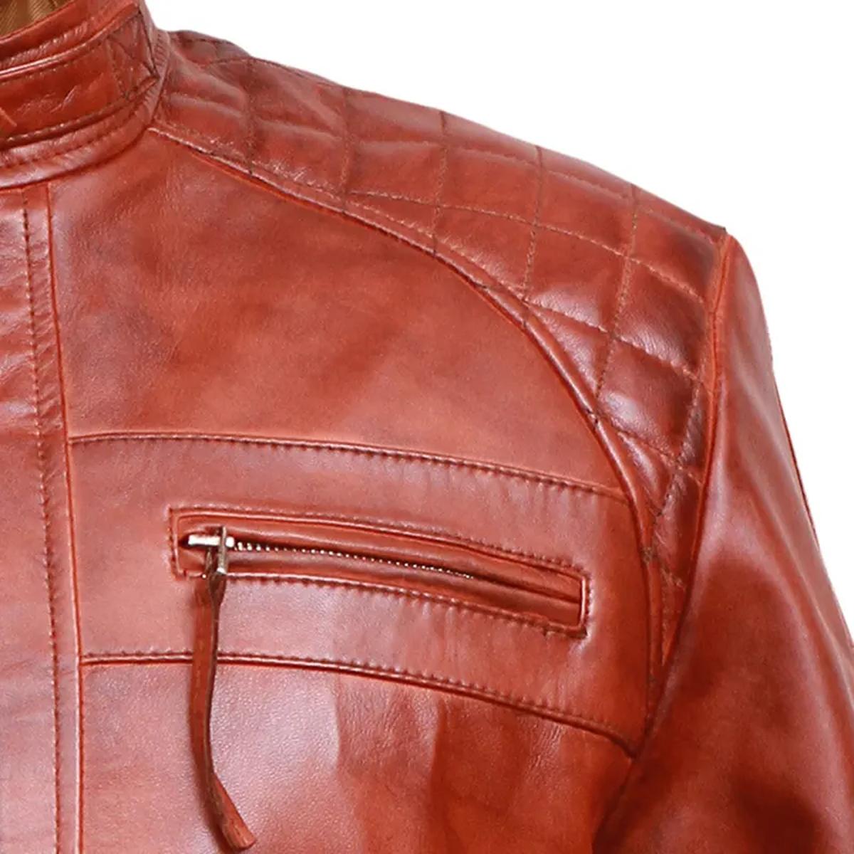 Giacca da motociclista in pelle marrone vintage Classic Diamond