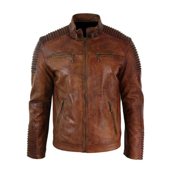 Giacca da motociclista in pelle con cintura al collo da uomo di design