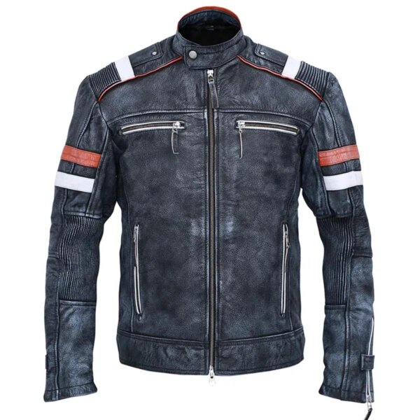 Giacca in pelle di pecora grigia da motociclista vintage per uomo