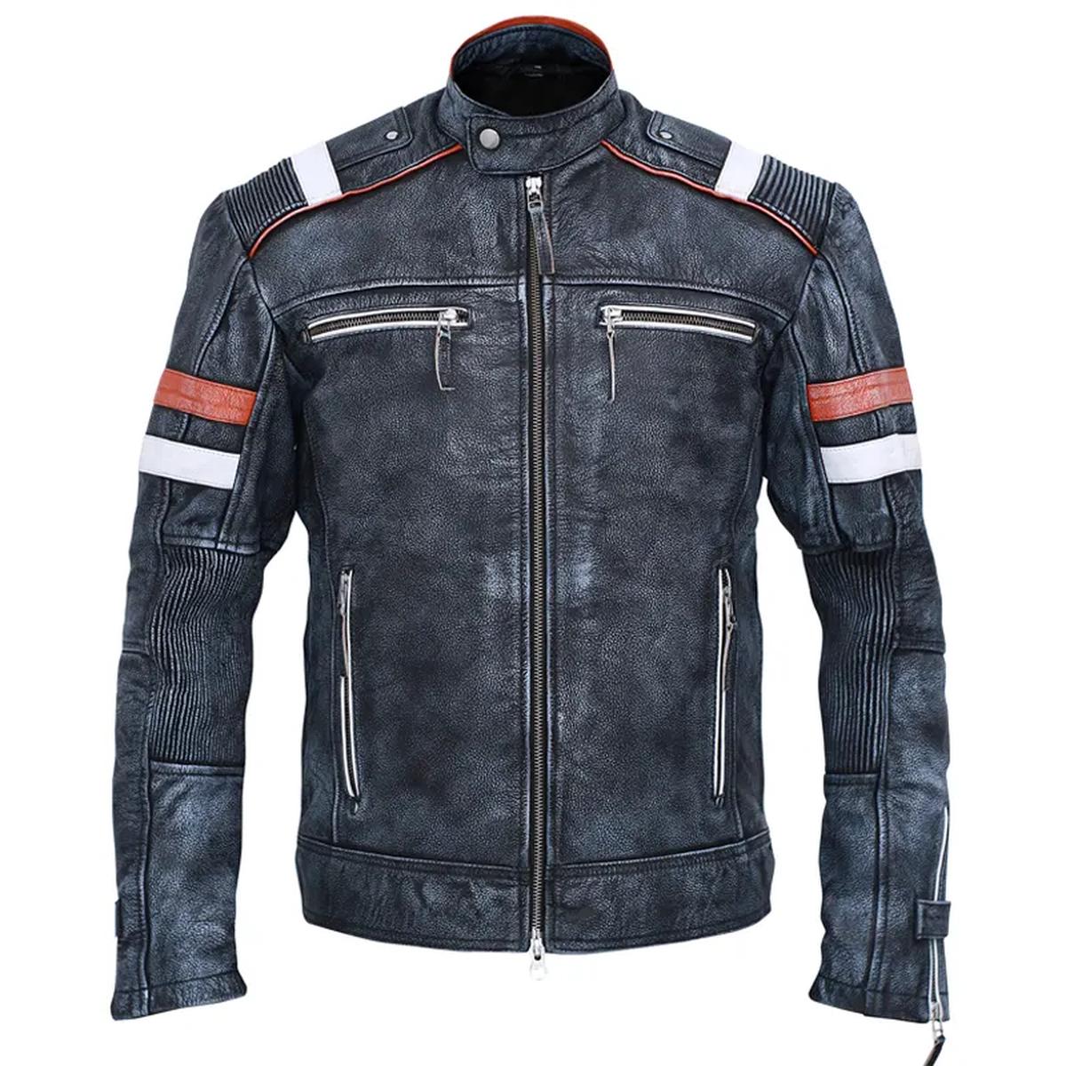 Giacca in pelle di pecora grigia da motociclista vintage per uomo