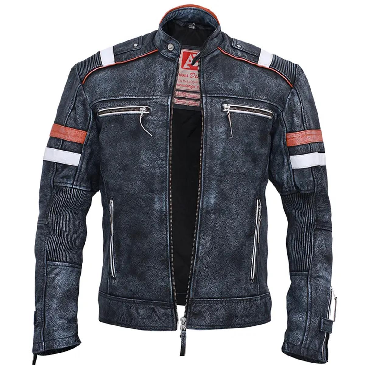 Giacca in pelle di pecora grigia da motociclista vintage per uomo