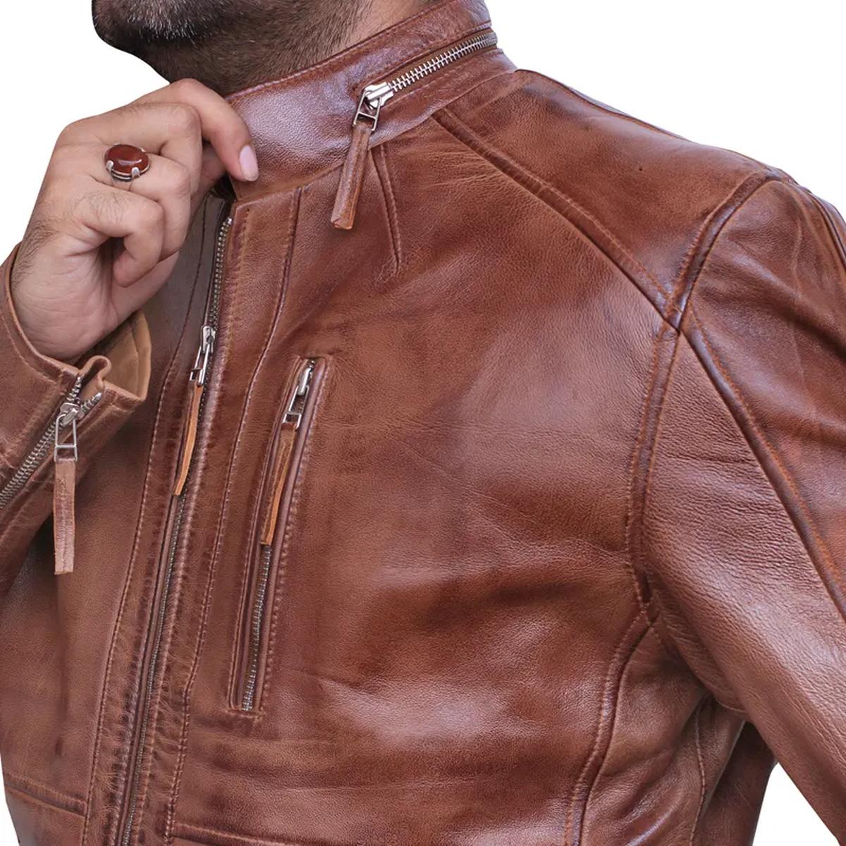 Giacca in pelle marrone vintage da uomo in stile Café Racer