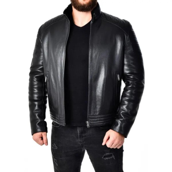 Chaqueta de motorista negra acolchada de cuero auténtico para hombre