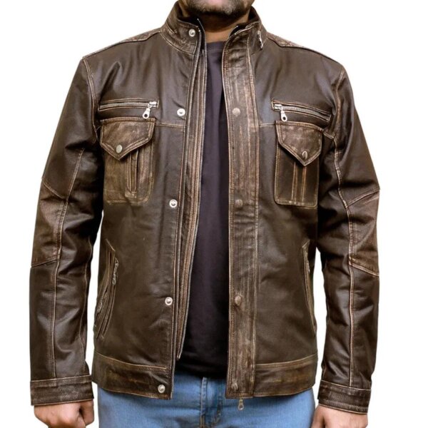Chaqueta de moto estilo café racer de cuero genuino marrón para hombre