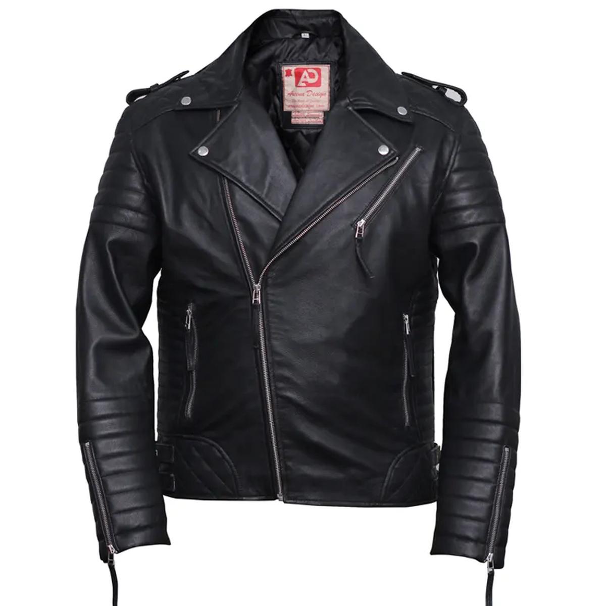 Giacca da motociclista in pelle con design a diamante nero da uomo