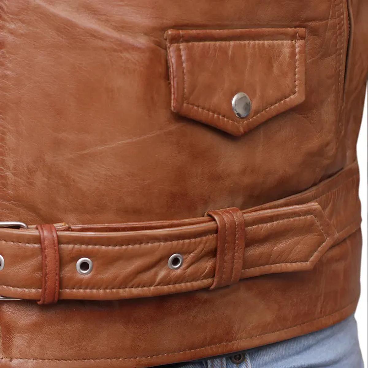 Giacca da uomo in pelle di pecora con cerniera incrociata, vestibilità slim, colore marrone
