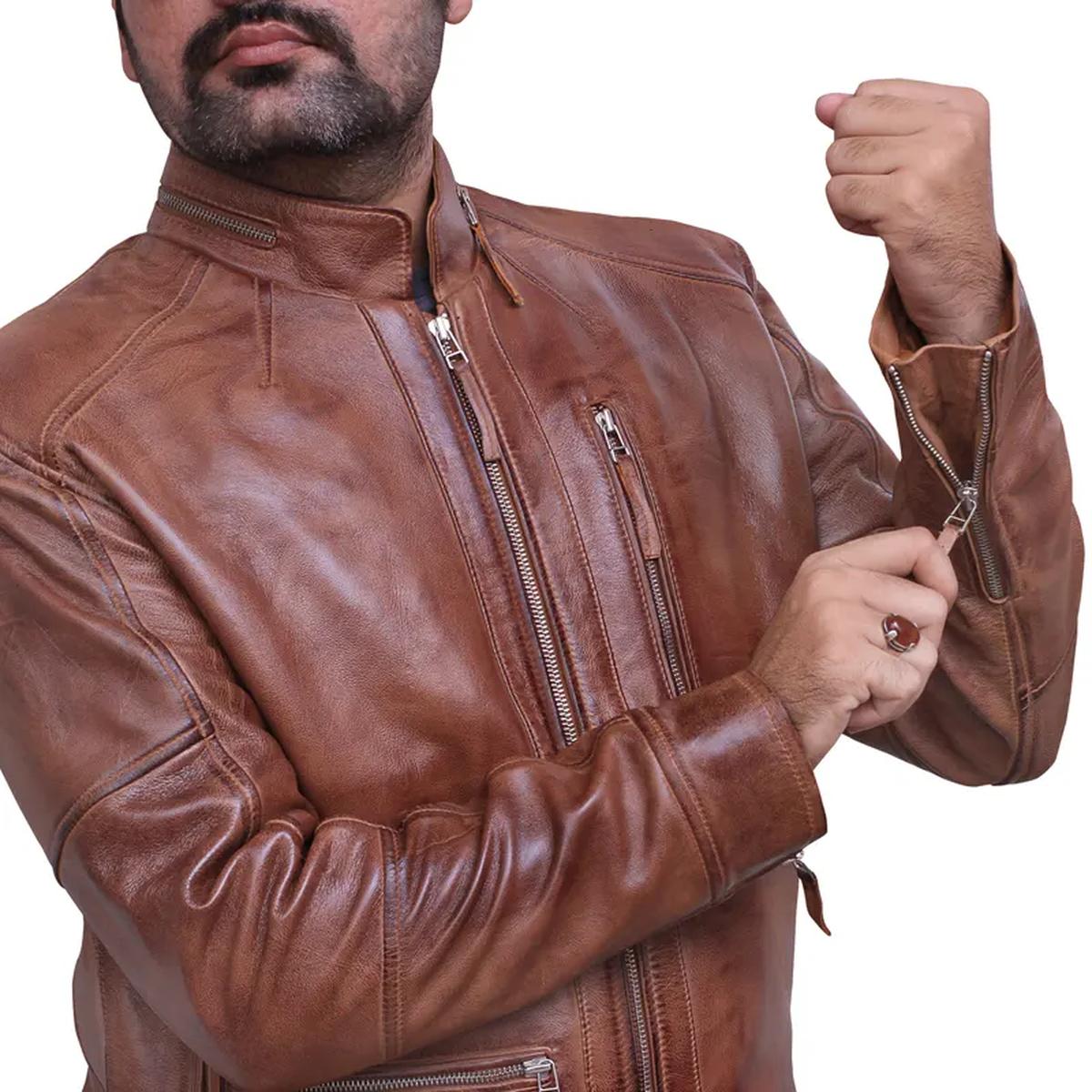 Giacca in pelle marrone vintage da uomo in stile Café Racer