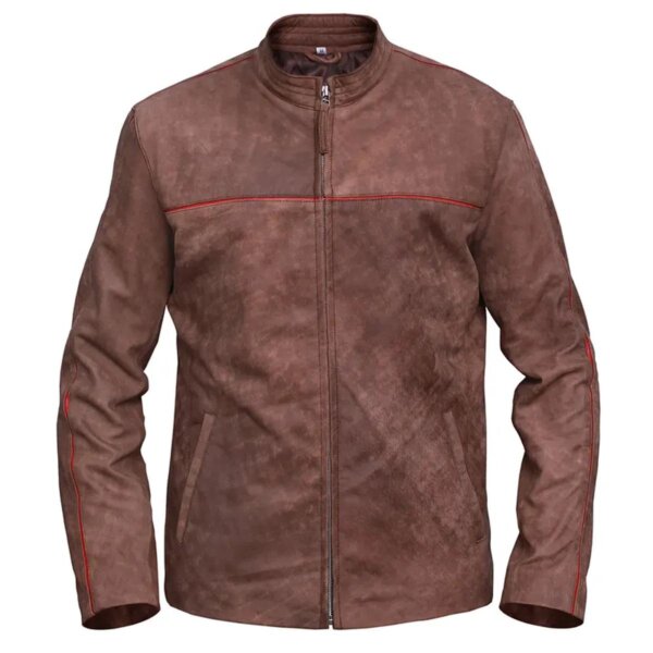 Chaqueta de cuero genuino marrón claro envejecido para hombre