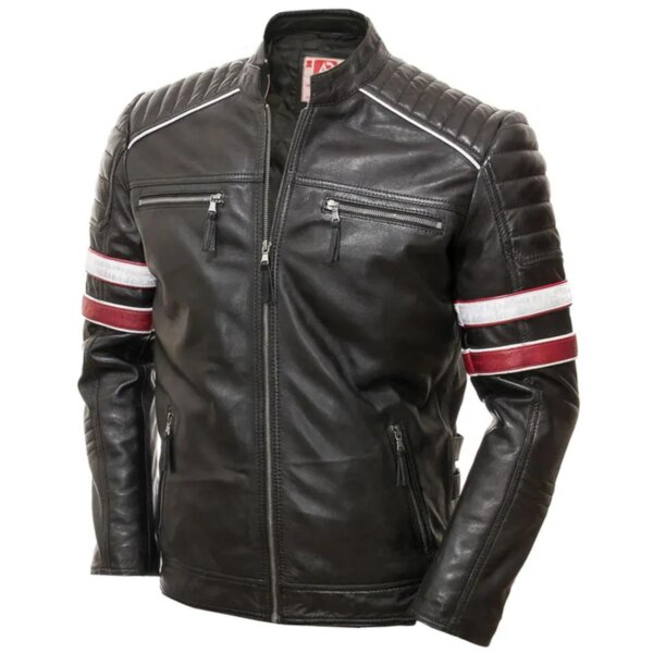 Giacca casual da uomo in vera pelle con strisce da motociclista da corsa