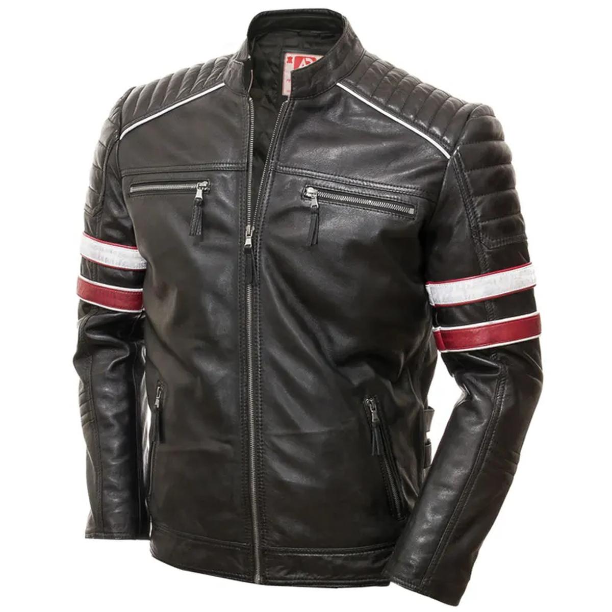 Giacca casual da uomo in vera pelle con strisce da motociclista da corsa