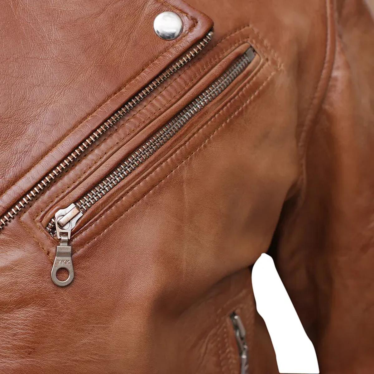 Giacca da uomo in pelle di pecora con cerniera incrociata, vestibilità slim, colore marrone
