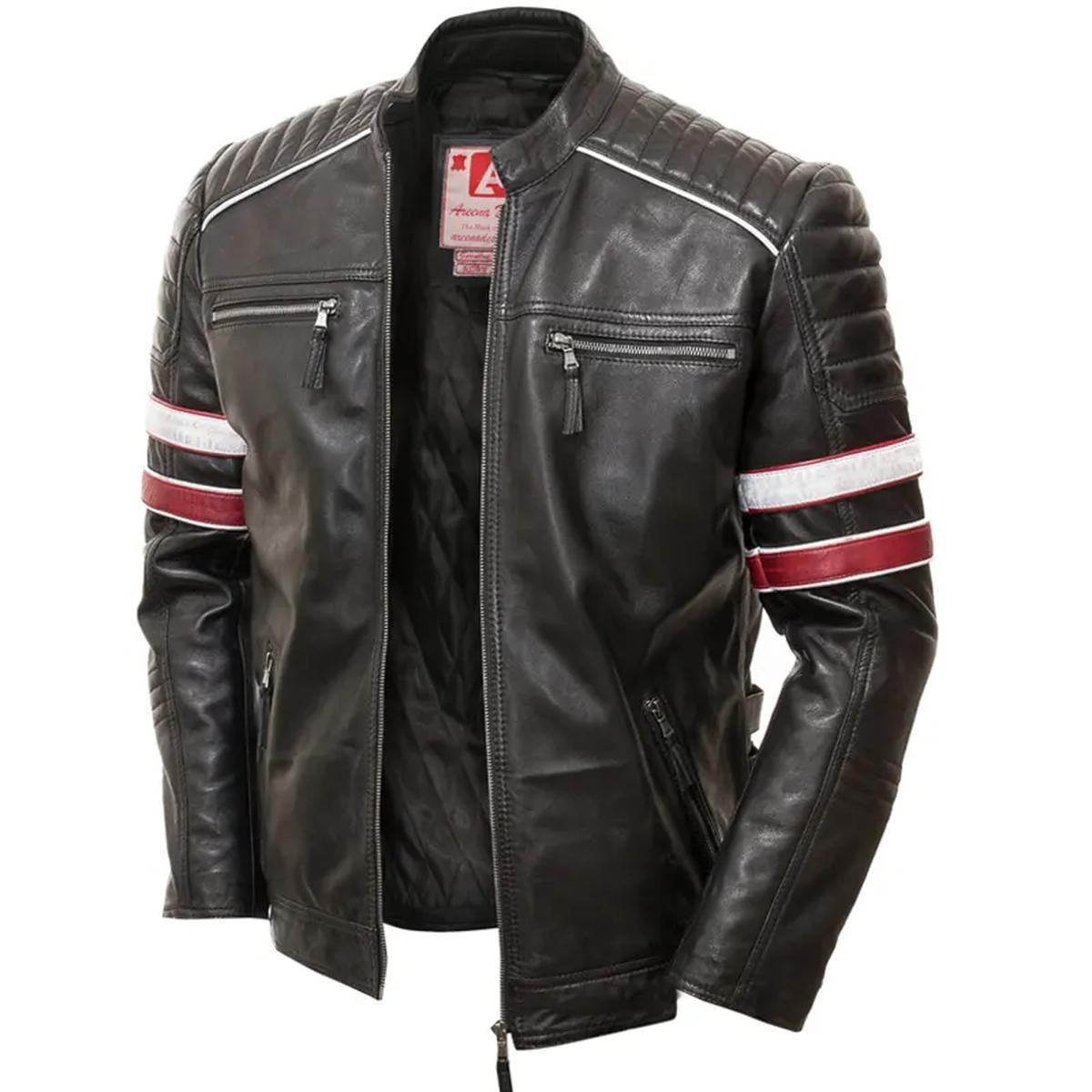 Giacca casual da uomo in vera pelle con strisce da motociclista da corsa