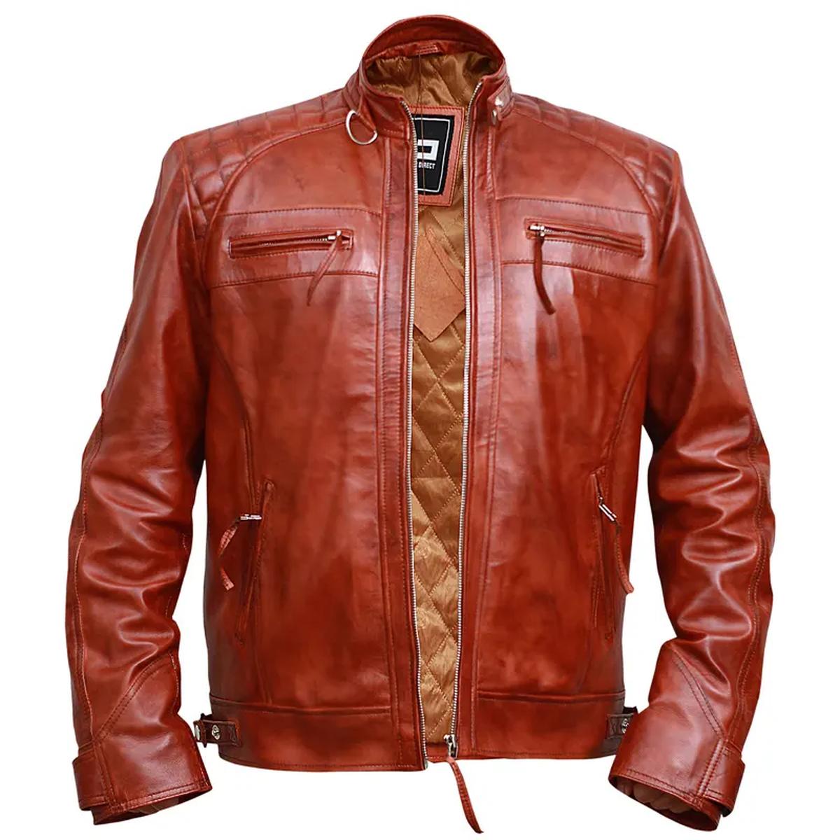 Giacca da motociclista in pelle marrone vintage Classic Diamond