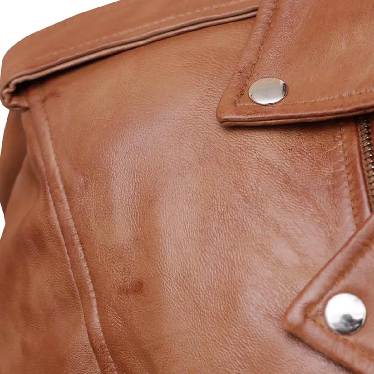 Giacca da uomo in pelle di pecora con cerniera incrociata, vestibilità slim, colore marrone