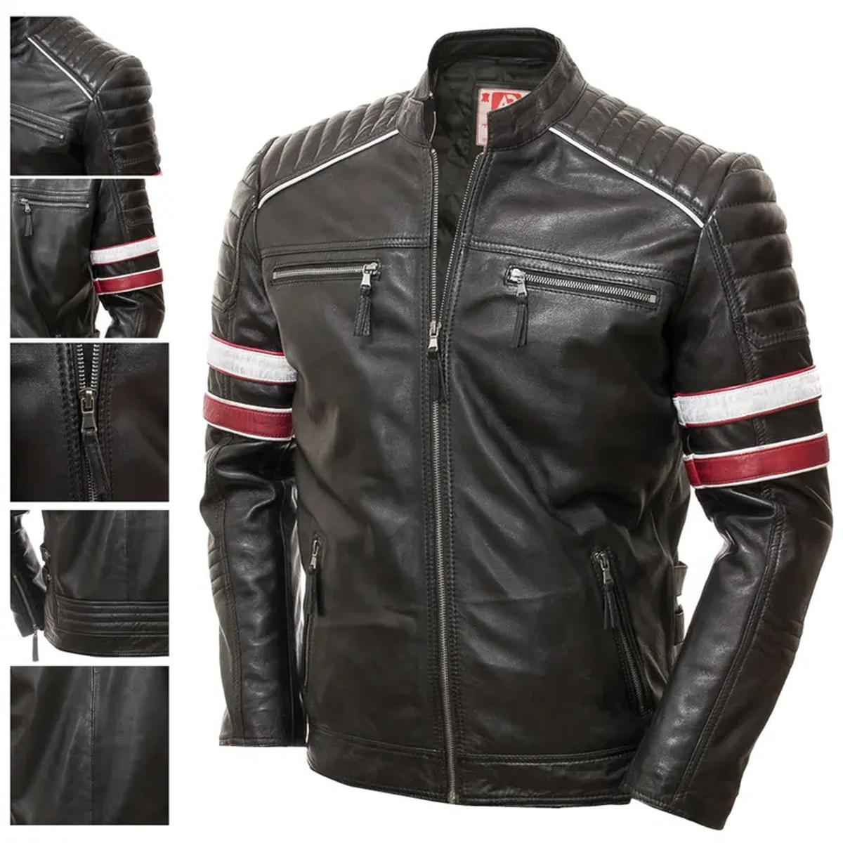 Giacca casual da uomo in vera pelle con strisce da motociclista da corsa