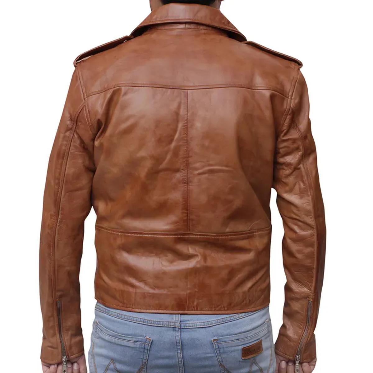 Giacca da uomo in pelle di pecora con cerniera incrociata, vestibilità slim, colore marrone