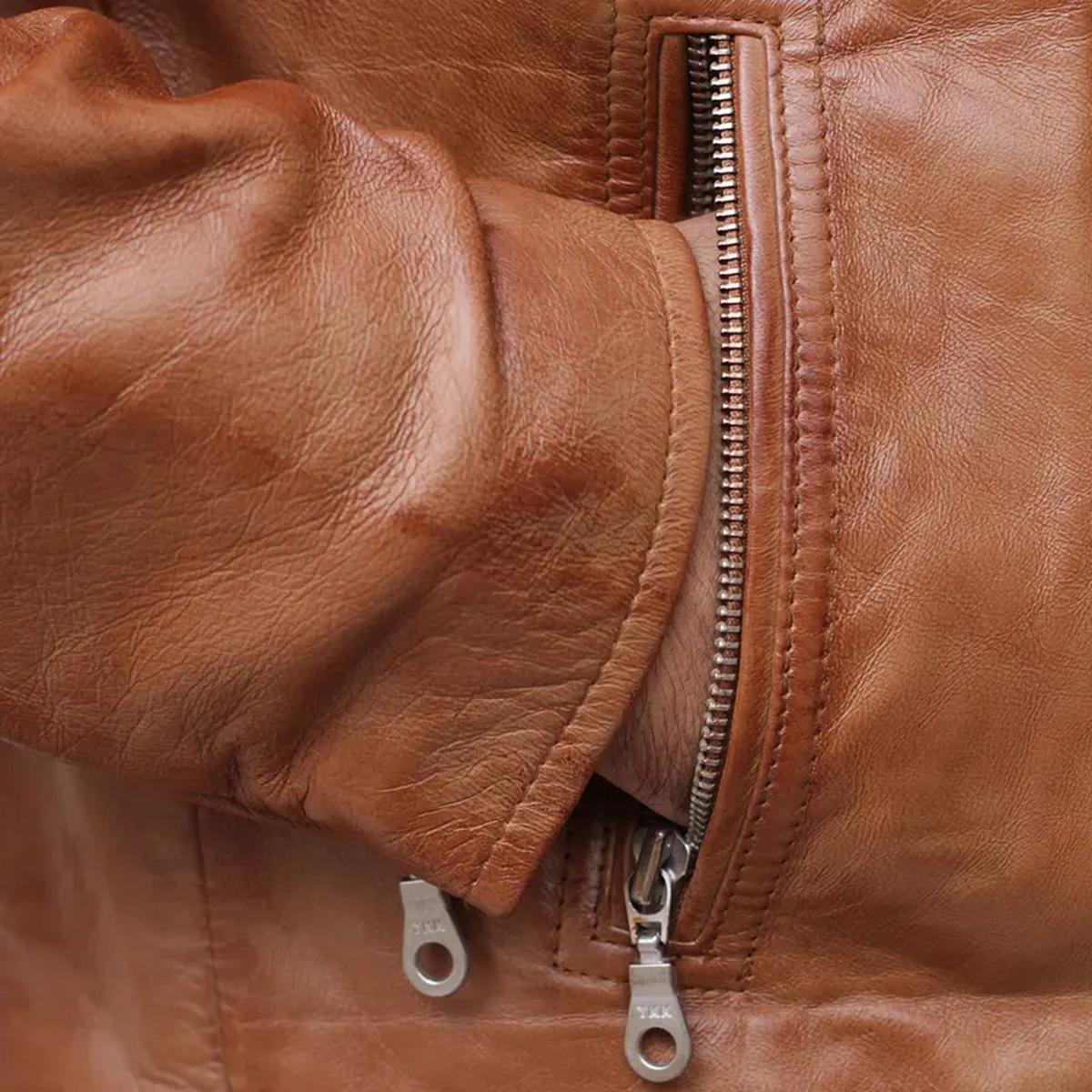 Giacca da uomo in pelle di pecora con cerniera incrociata, vestibilità slim, colore marrone
