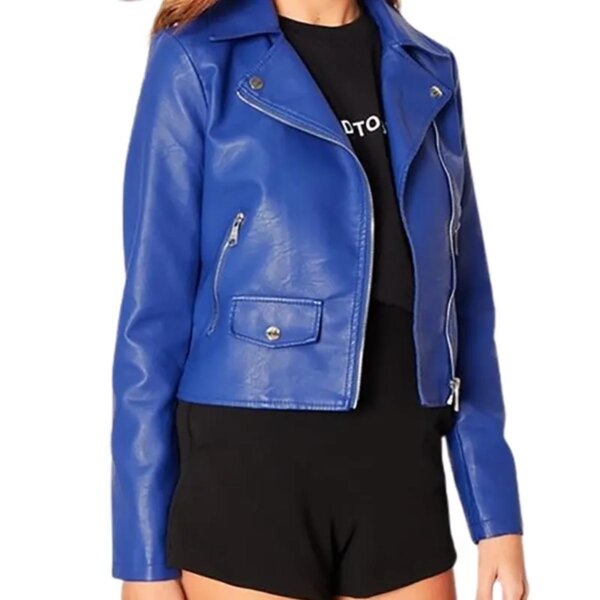 Giacca da motociclista in pelle blu da donna