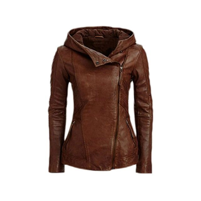 Giacca con cappuccio in pelle marrone da donna