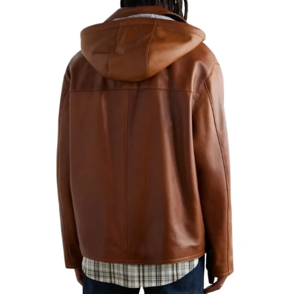 Felpa con cappuccio in pelle di pecora cerata marrone con coulisse