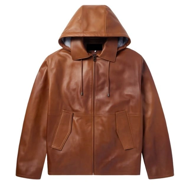 Felpa con cappuccio in pelle di pecora cerata marrone con coulisse