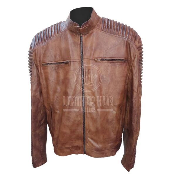 Giacca da motociclista in pelle con cintura al collo da uomo di design