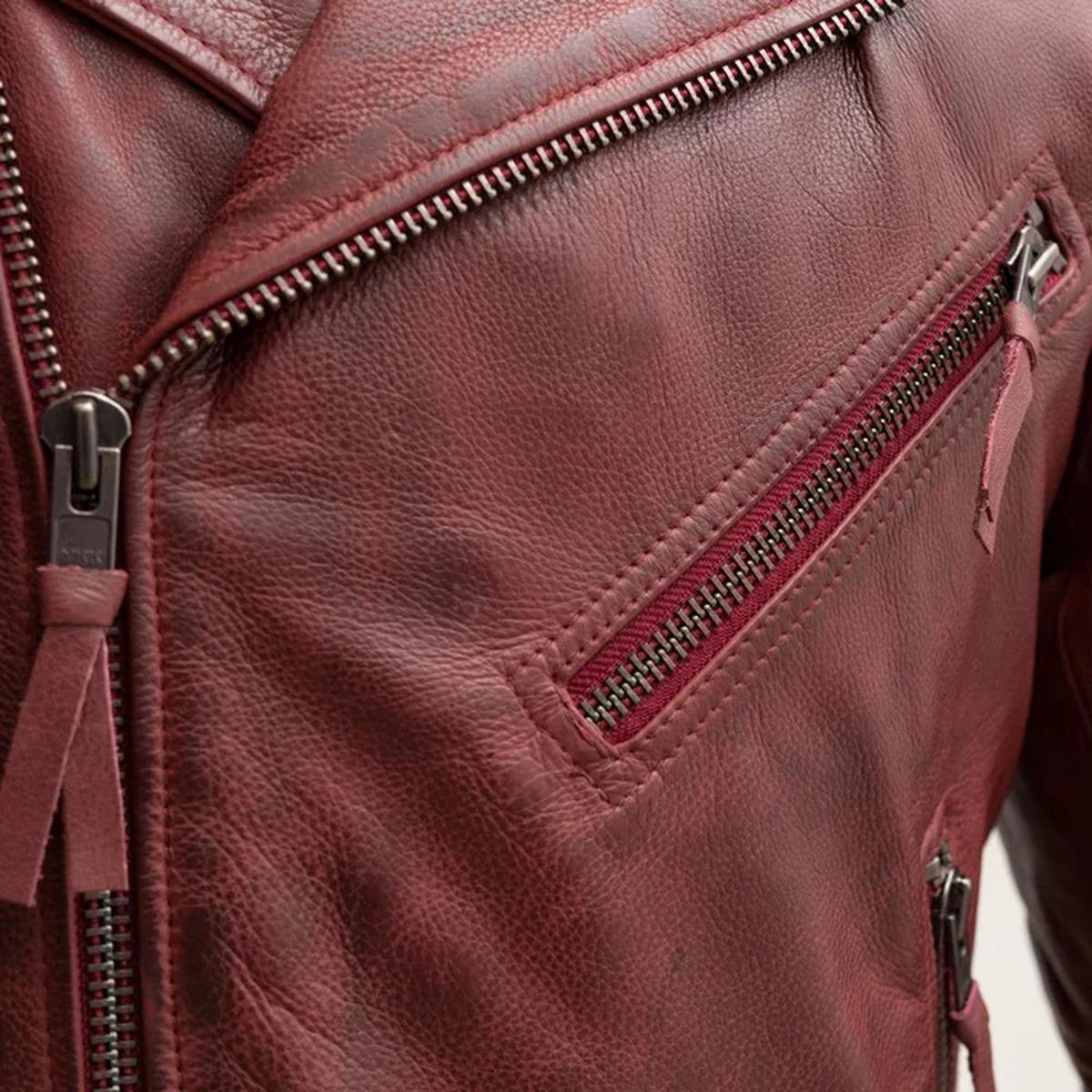 Giacca da motociclista in pelle di pecora da uomo color marrone