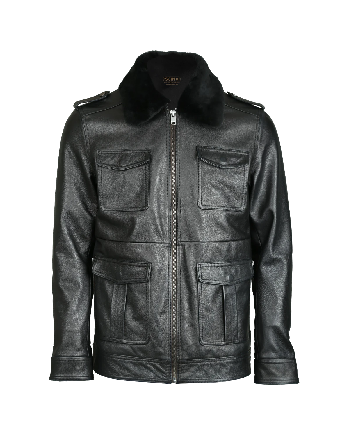 Giacca bomber in pelle con tasca applicata da uomo