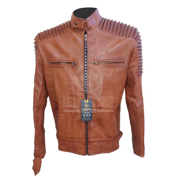 Giacca da motociclista in pelle con cintura al collo da uomo di design