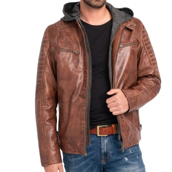 Giacca casual da uomo in vera pelle di agnello con cappuccio rimovibile