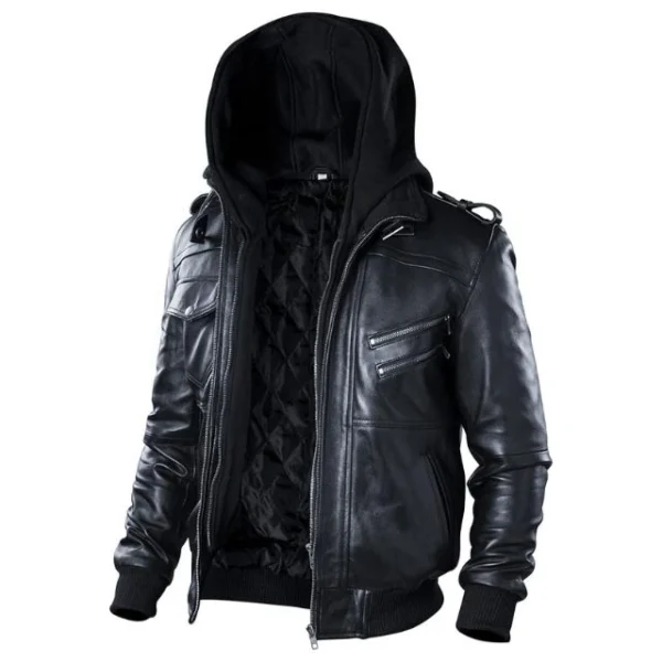 Giubbotto bomber in vera pelle nera con cappuccio