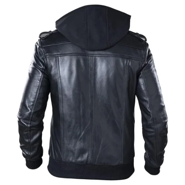 Giubbotto bomber in vera pelle nera con cappuccio