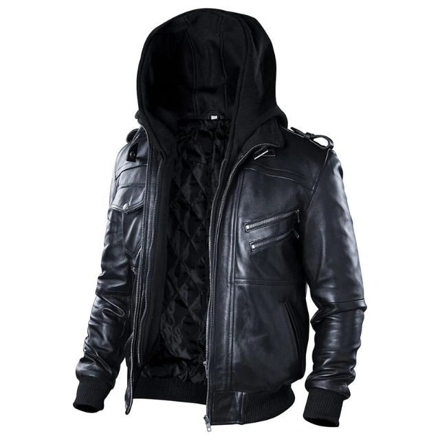 Giubbotto bomber in vera pelle nera con cappuccio