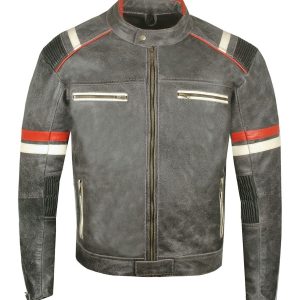 Giacca da motociclista in pelle di pecora nera anticata da uomo