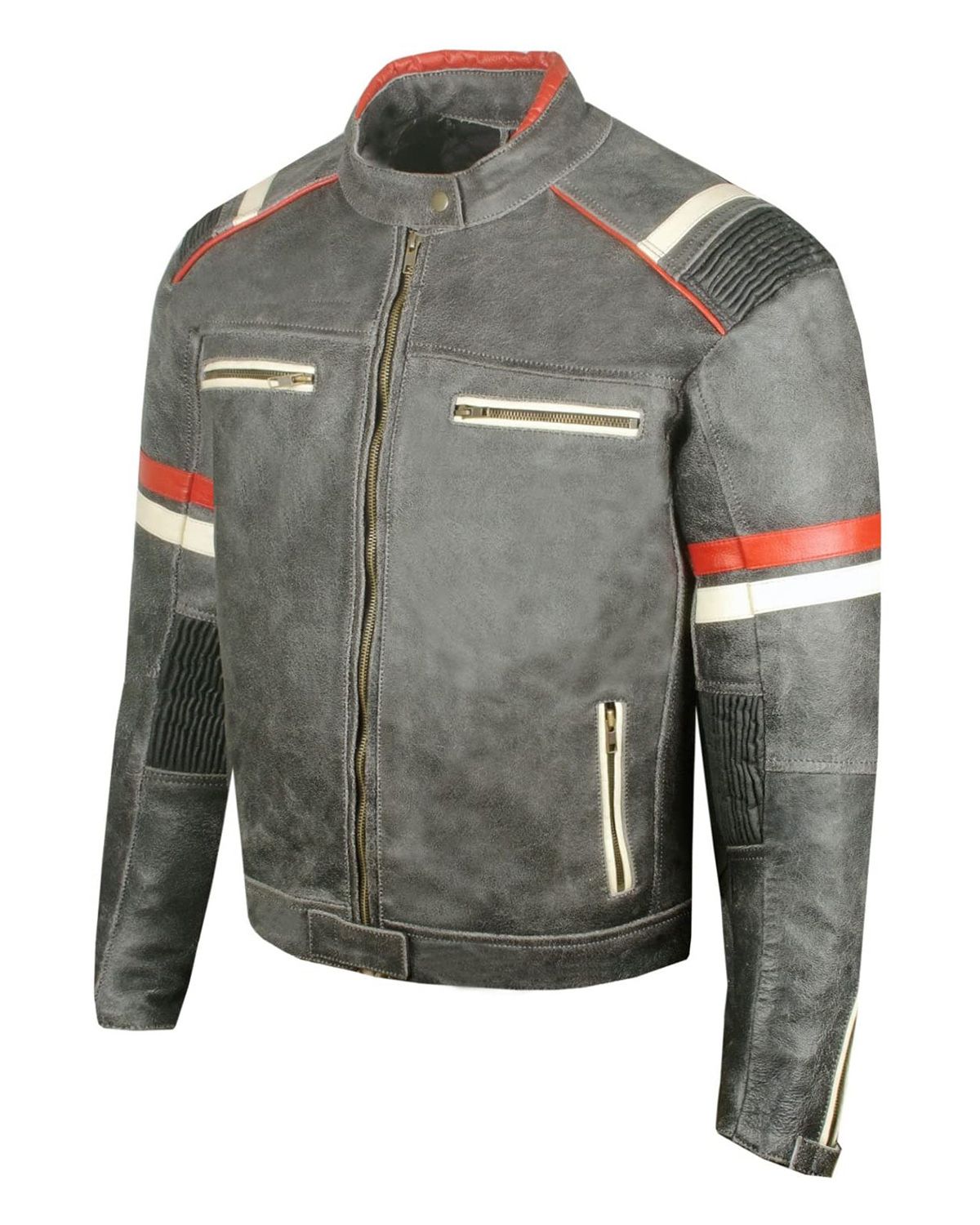 Giacca da motociclista in pelle di pecora nera anticata da uomo