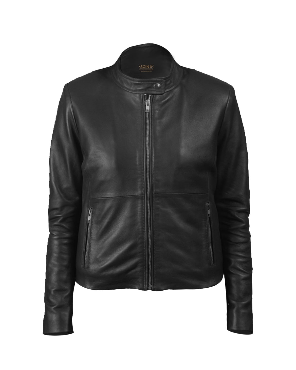 Chaqueta clásica de piel de oveja para mujer, estilo café racer, color negro.