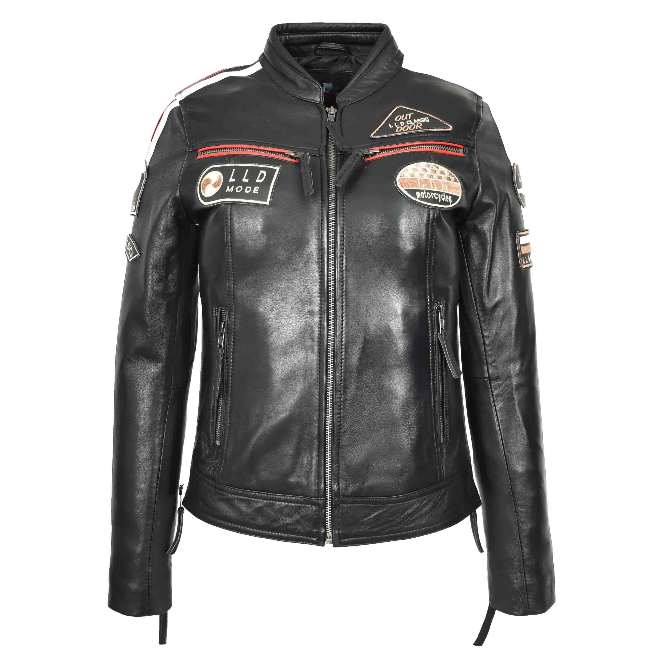 BUNERI Chaqueta Biker Cafe Racer de Cuero para Mujer Insignias Moto Negra