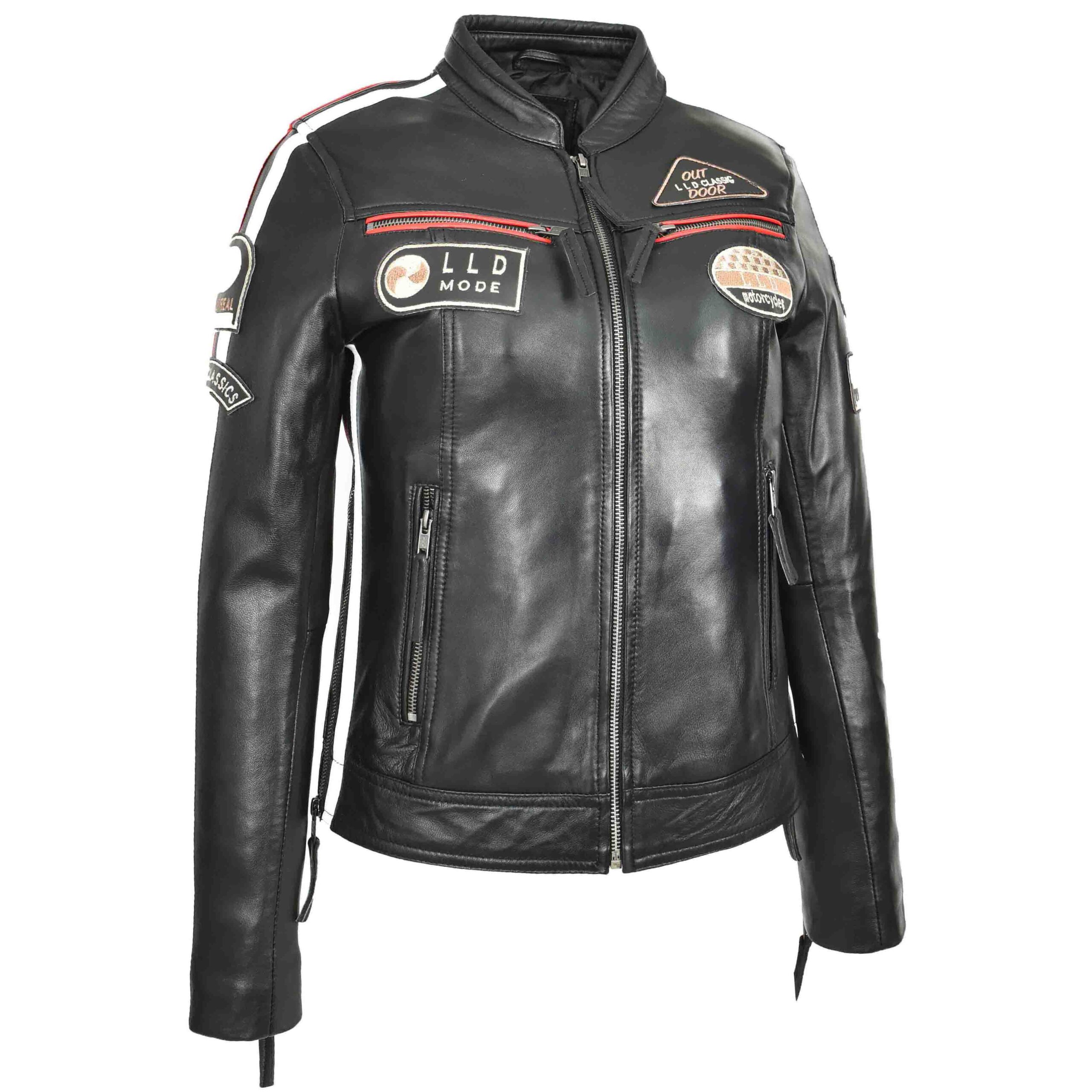 BUNERI Chaqueta Biker Cafe Racer de Cuero para Mujer Insignias Moto Negra - Imagen 3
